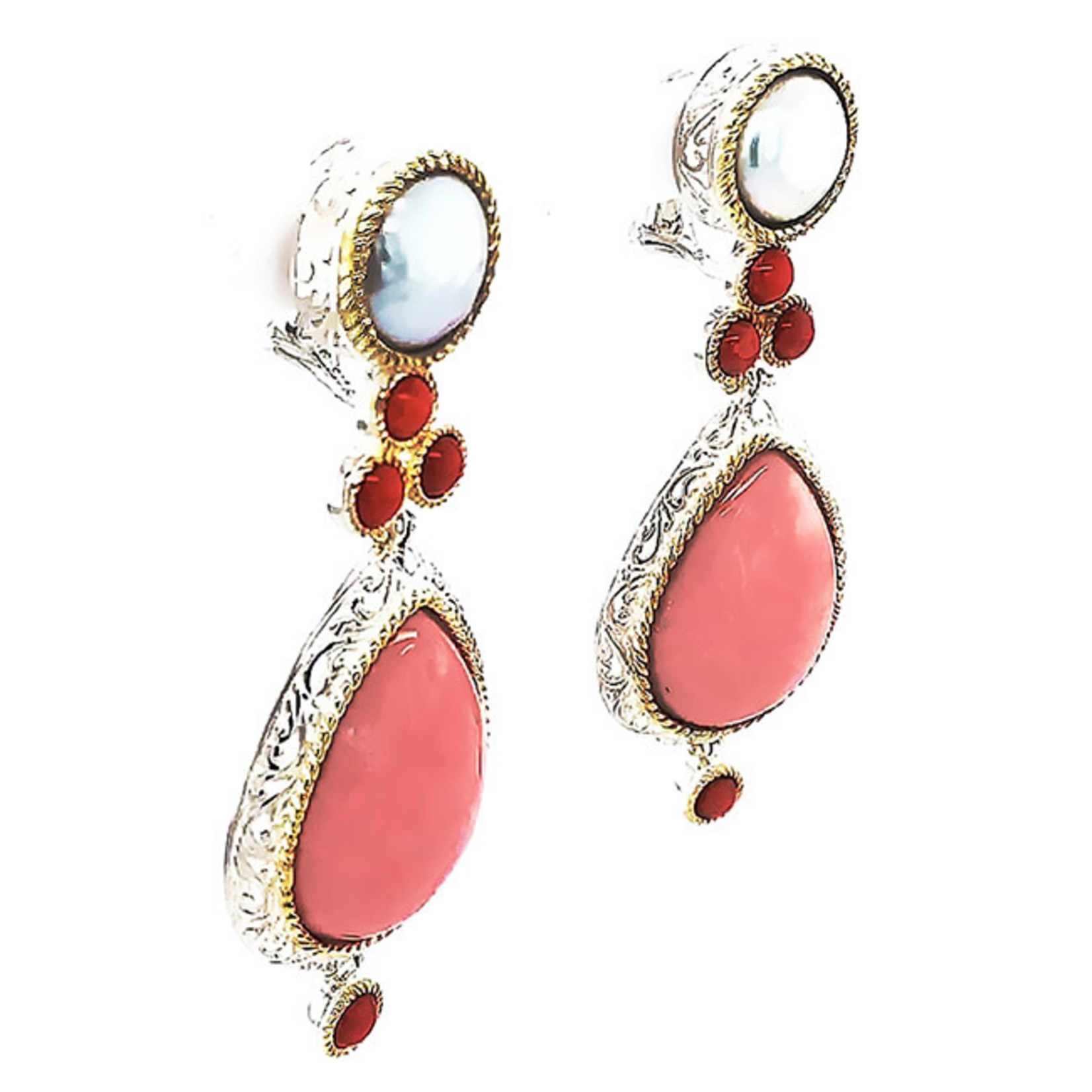 Jewelry By Danuta - Silver Drawer Pink Coral & Pearl  Silver Earrings