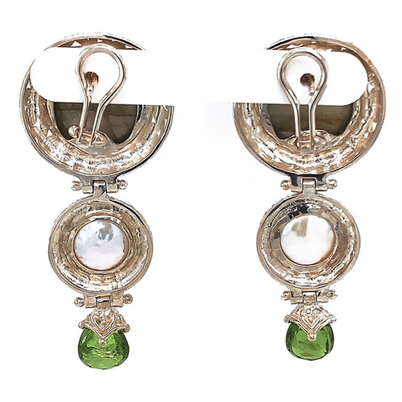 Jewelry By Danuta - Silver Drawer Onyx & Pearl & Peridot Silver Earrings 2,5” long
