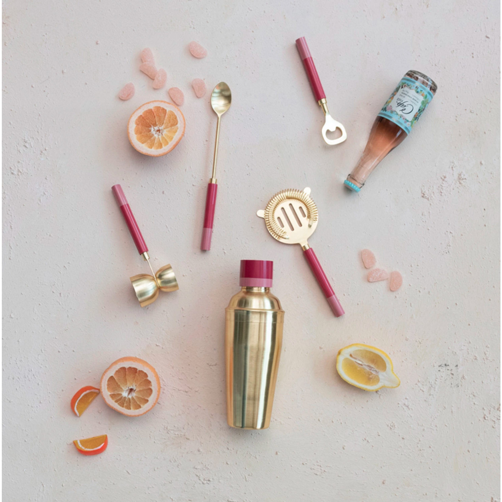 Creative Co-Op Stainless Steel Cocktail Shaker- Brass w/ Pink Resin Top