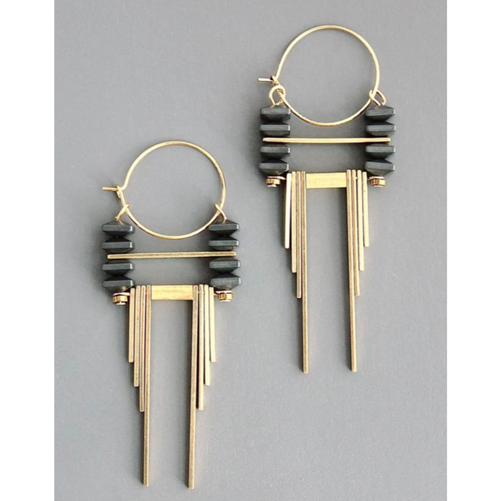 David Aubrey Jewelry ArtDeco Hematite and Brass Hoop Earrings