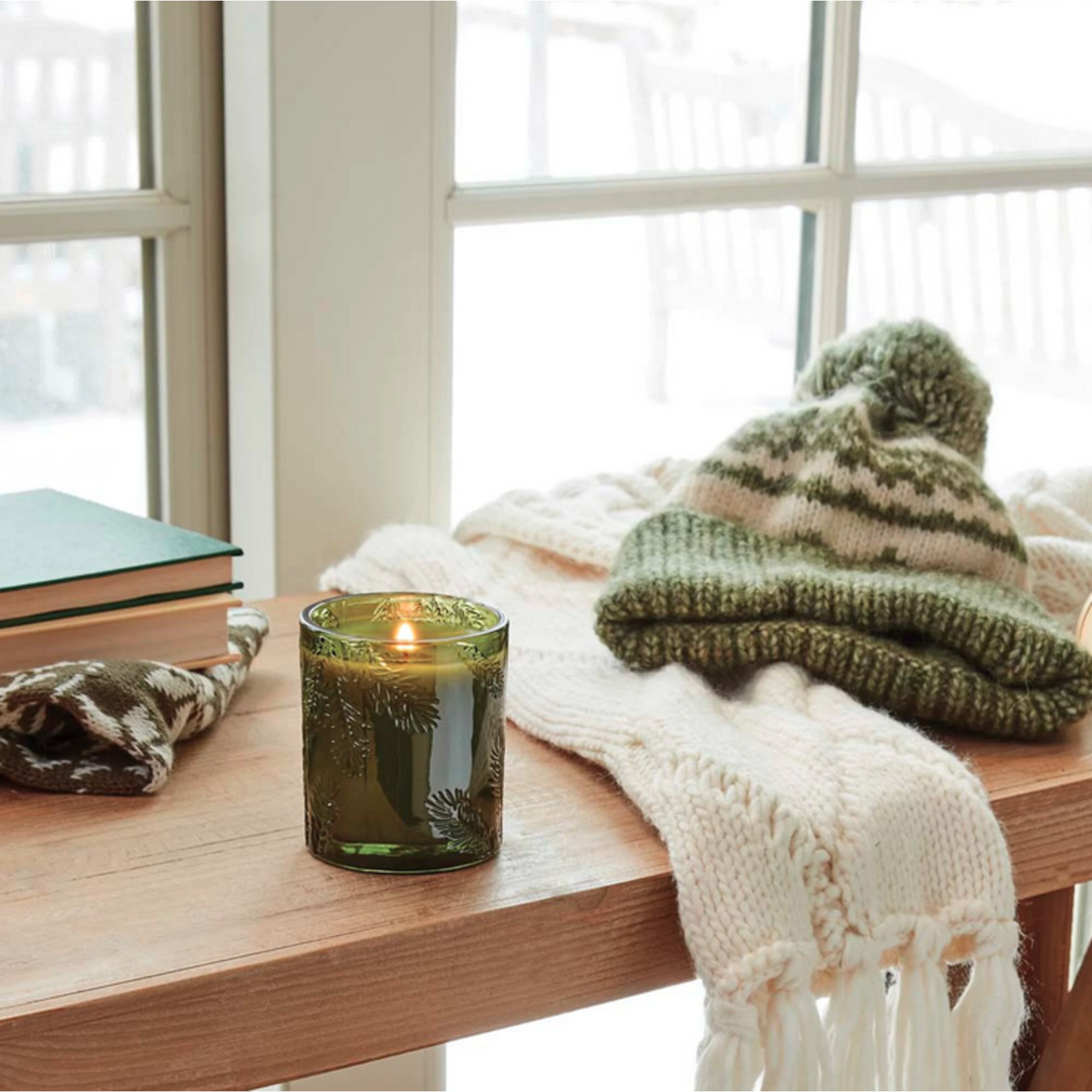 Thymes Frasier Fir Poured Candle, Embossed Green Glass