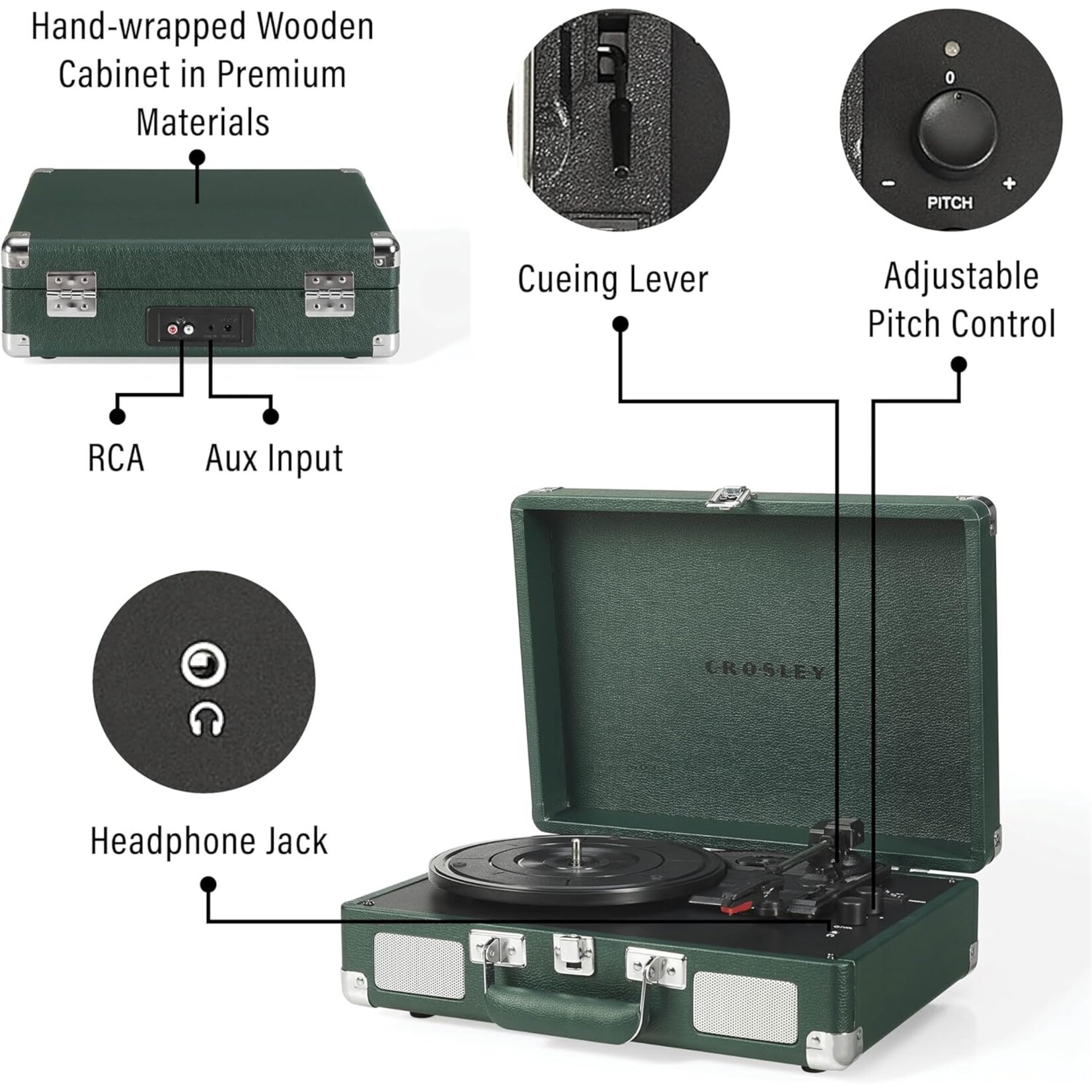 Deer Park Cruiser Plus Portable Turntable with Bluetooth In/Out - Emerald