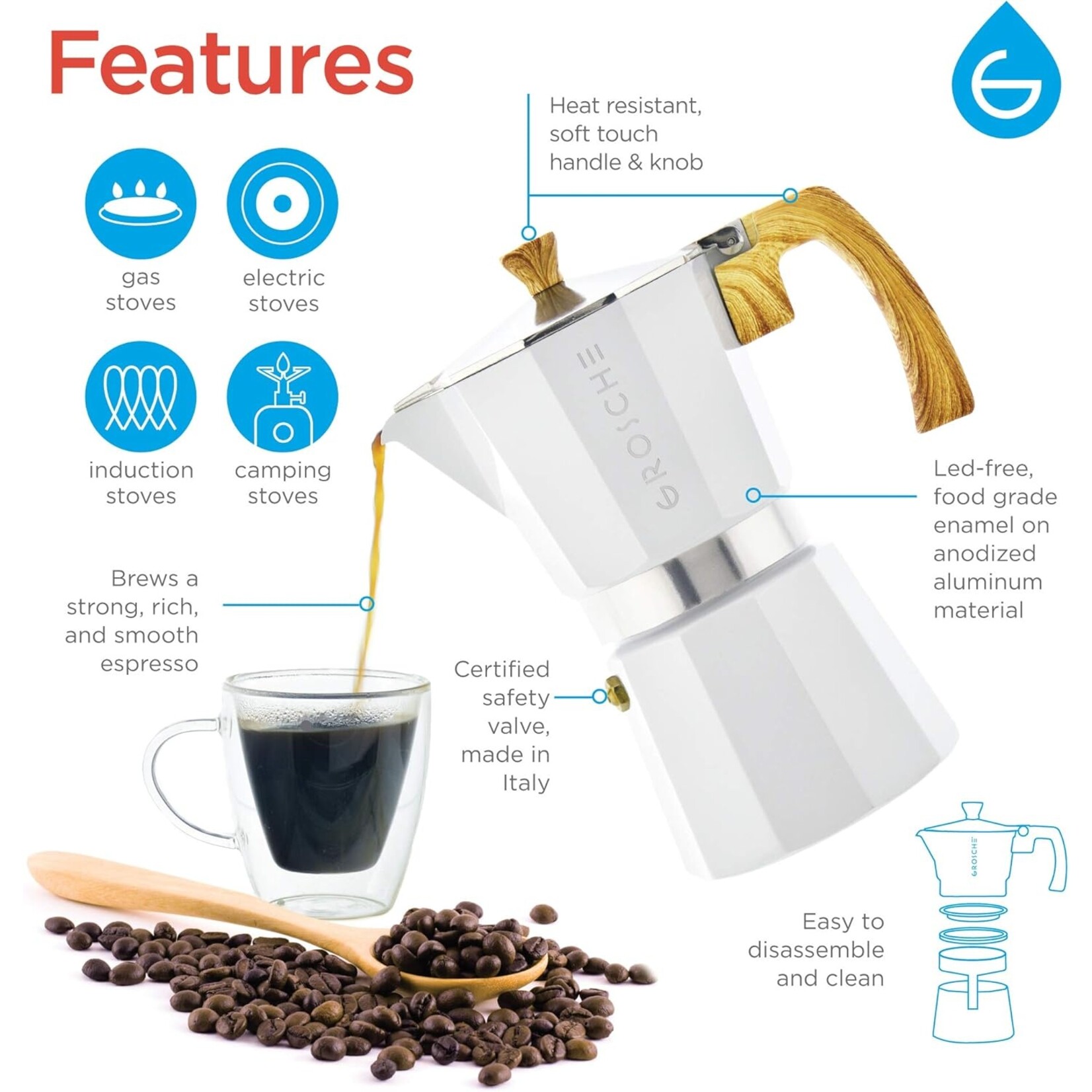 Grosche International Milano Stone Stovetop Espresso Maker- 9 Cup White