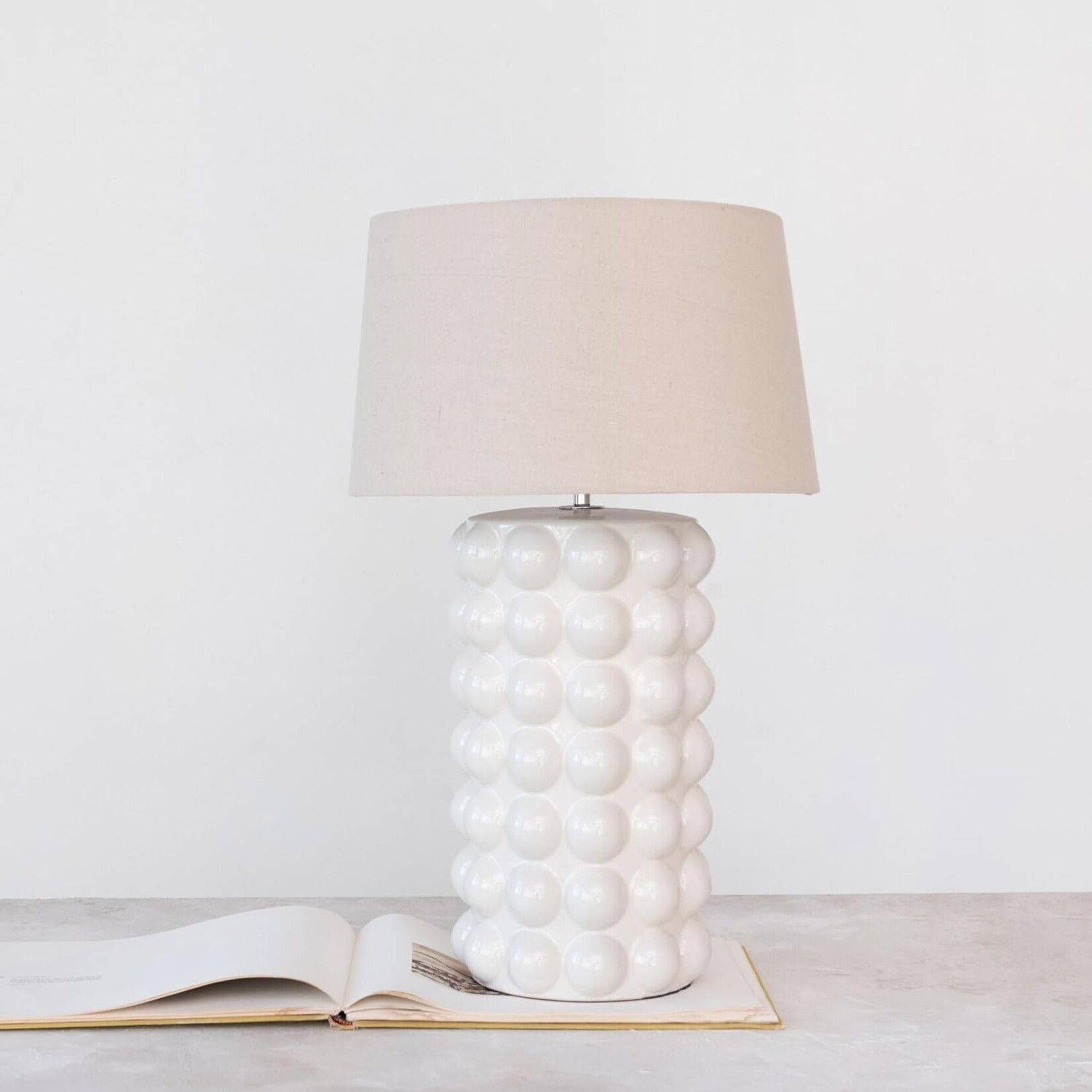 Creative Co-Op Stoneware Hobnail Table Lamp with Linen Shade