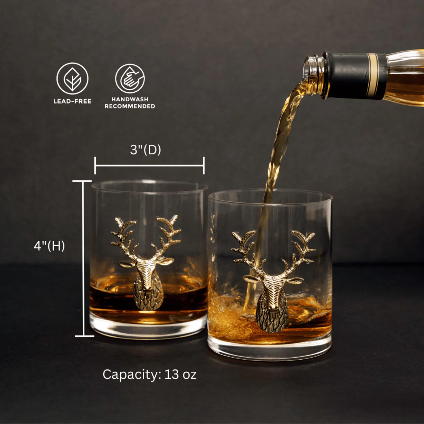 Jersey Art Glass Gold Stag Deer Whiskey Glass SET OF 2