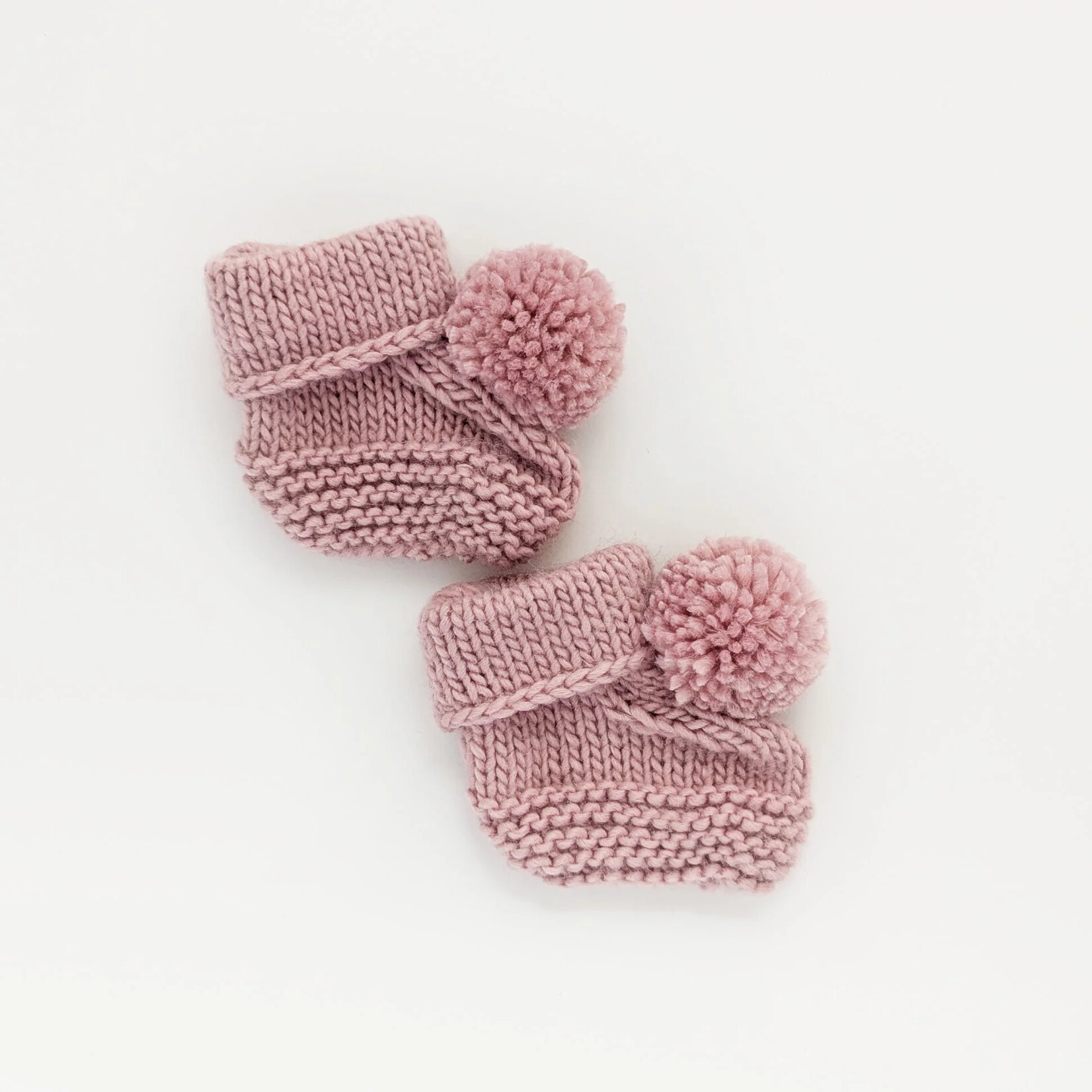 Huggalugs Garter Stitch Baby Booties w/ Pom Pom- Rosy Newborn