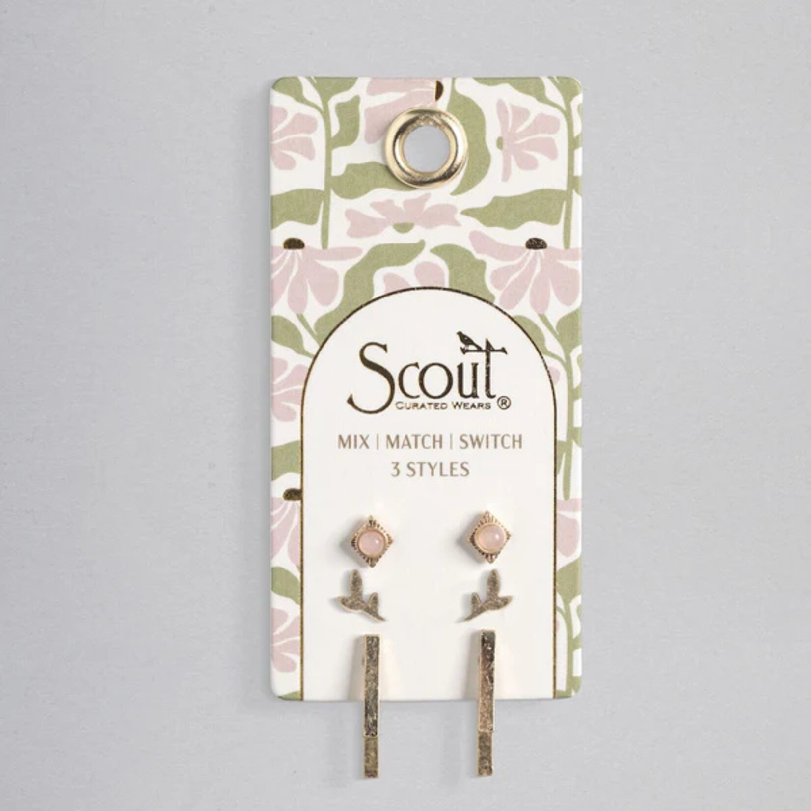 Scout Curated Wears Stud Trio Ear Jacket Set - Leaf/Rose Quartz/Gold