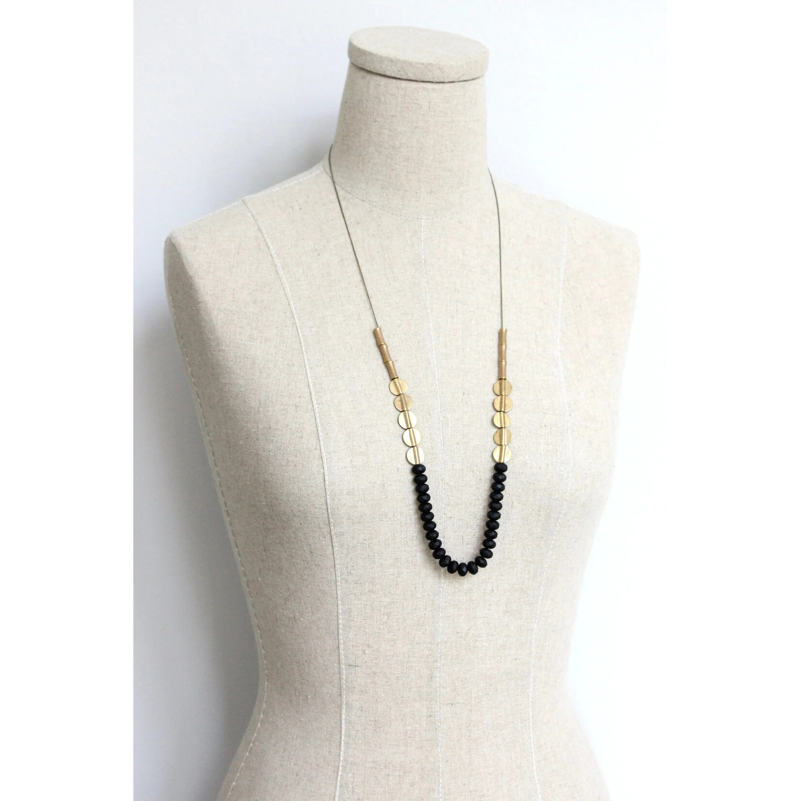 David Aubrey Jewelry Black and Brass Long Beaded Necklace