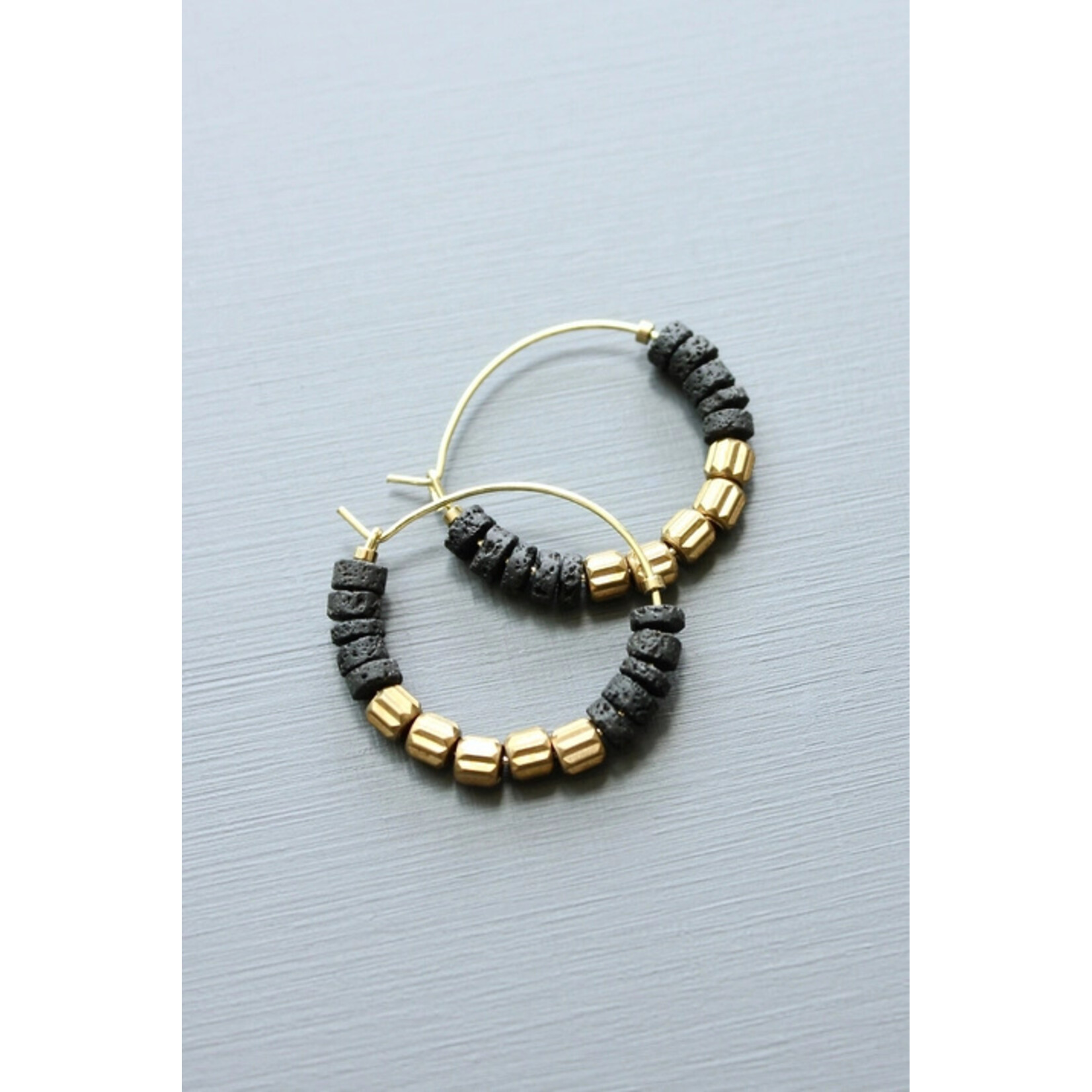David Aubrey Jewelry Black Lava Beads and Brass Hoops Earrings