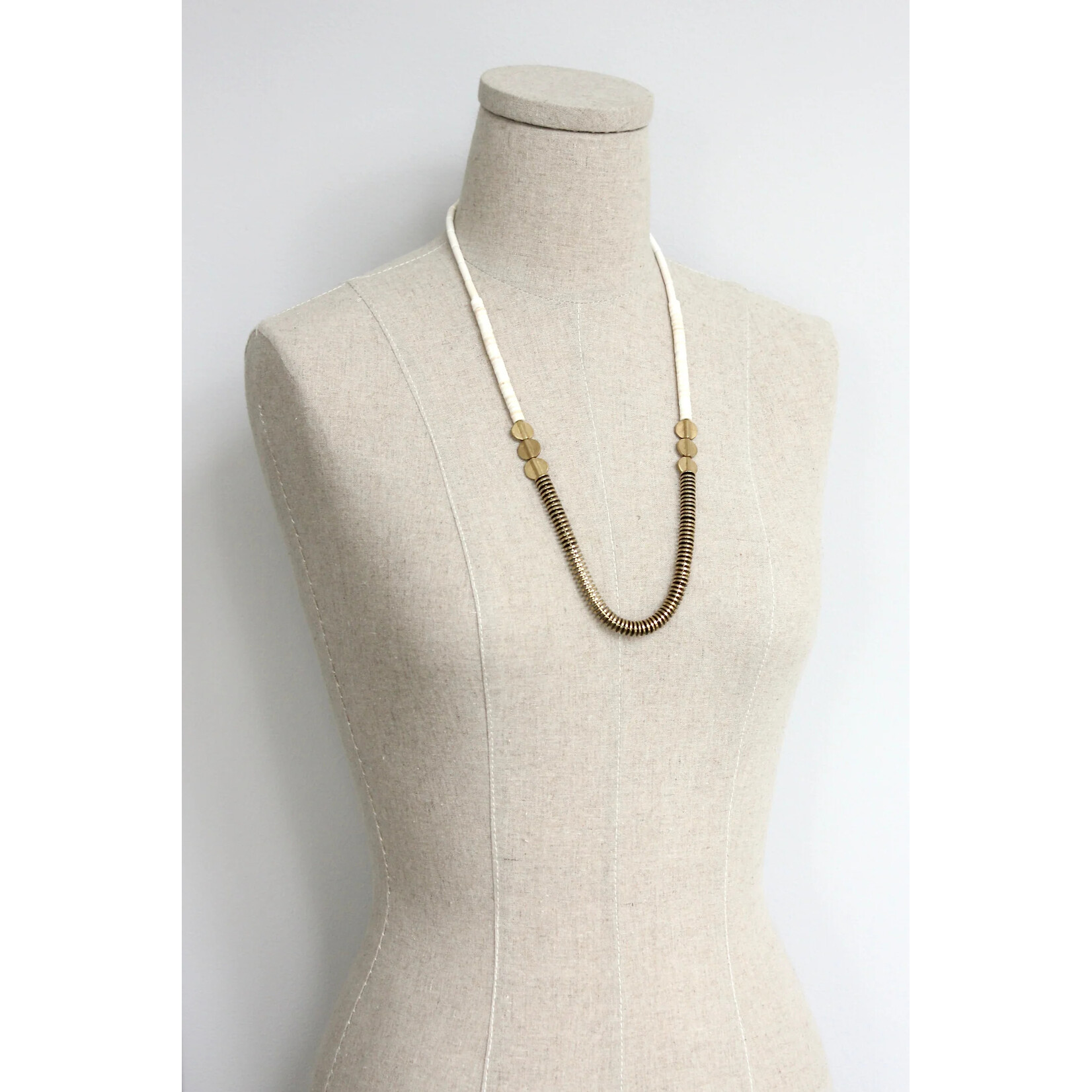 David Aubrey Jewelry Gold Hematite and White Disc Beaded Necklace