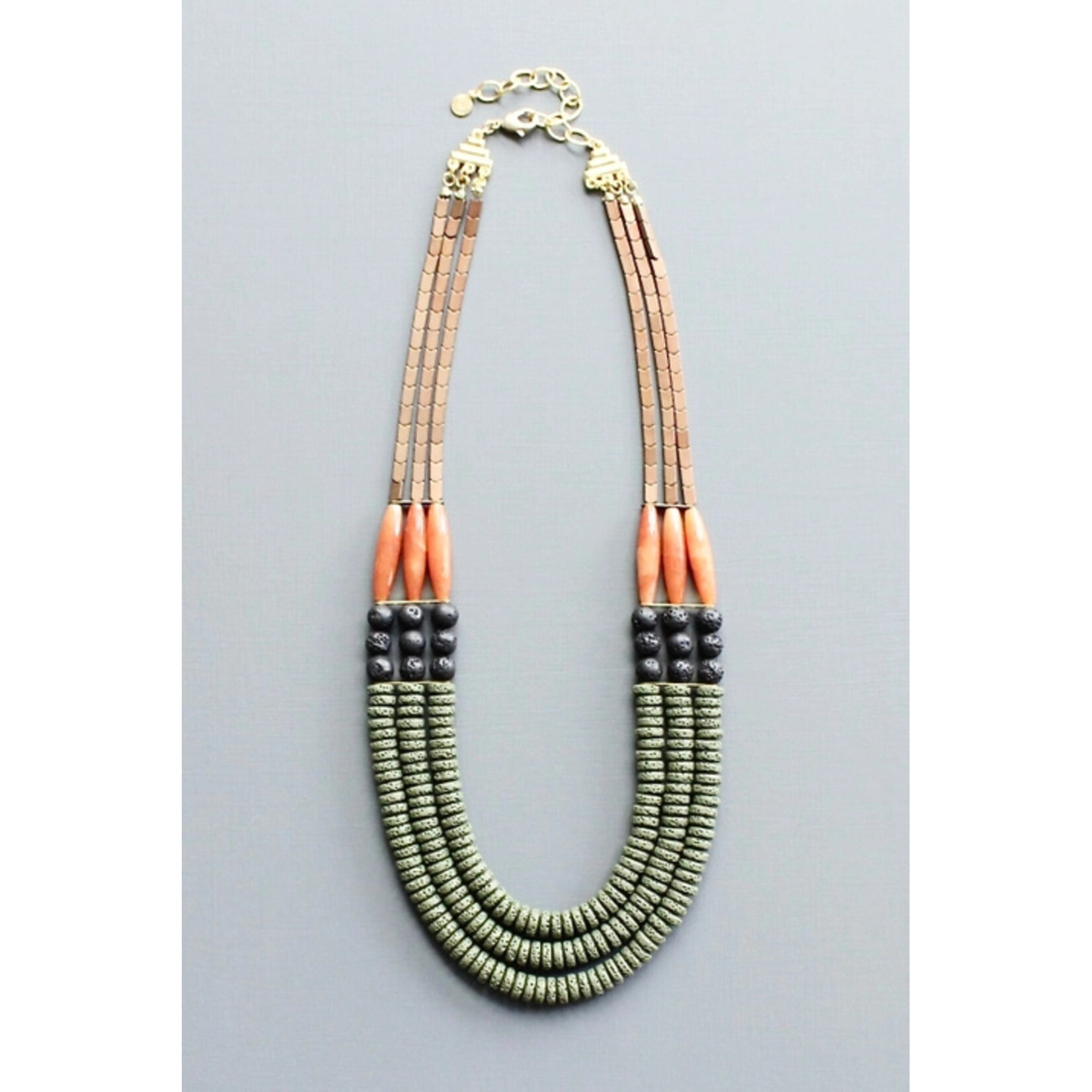 David Aubrey Jewelry Triple Strand Moss Jet Carnelian Necklace