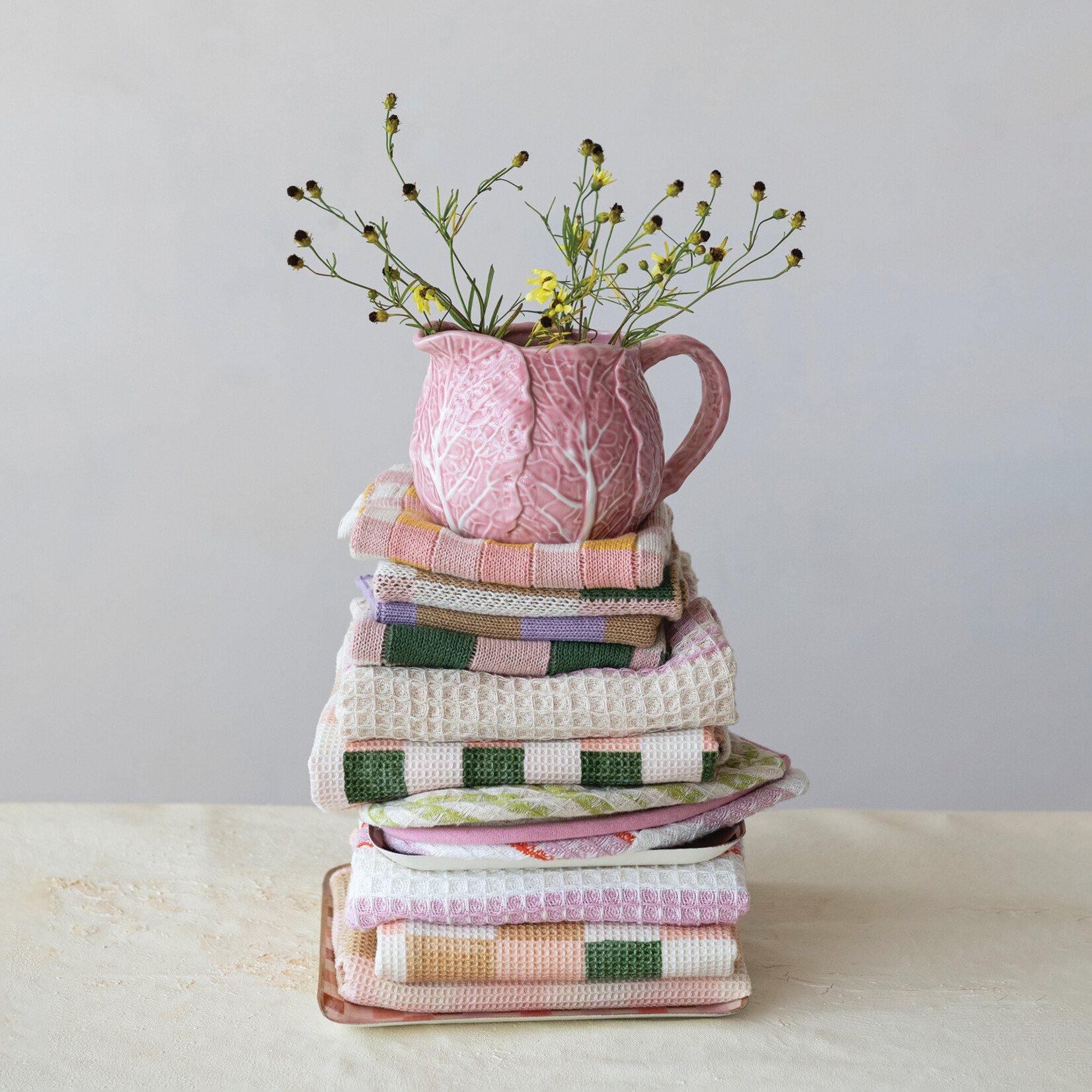 Creative Co-Op Hand Painted Pink Stoneware Cabbage Shaped Creamer