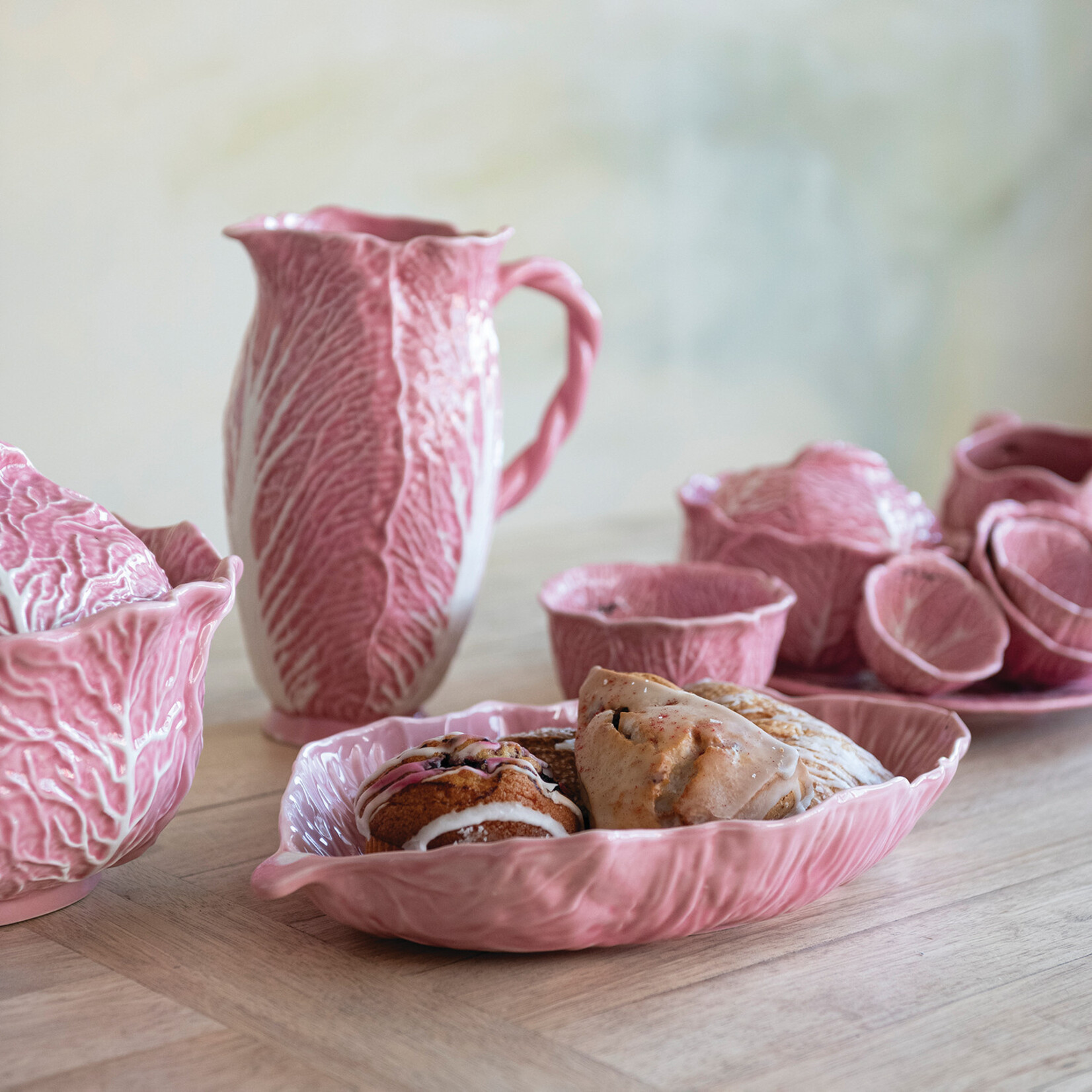 Creative Co-Op Hand Painted Pink Stoneware Cabbage Shaped Pitcher