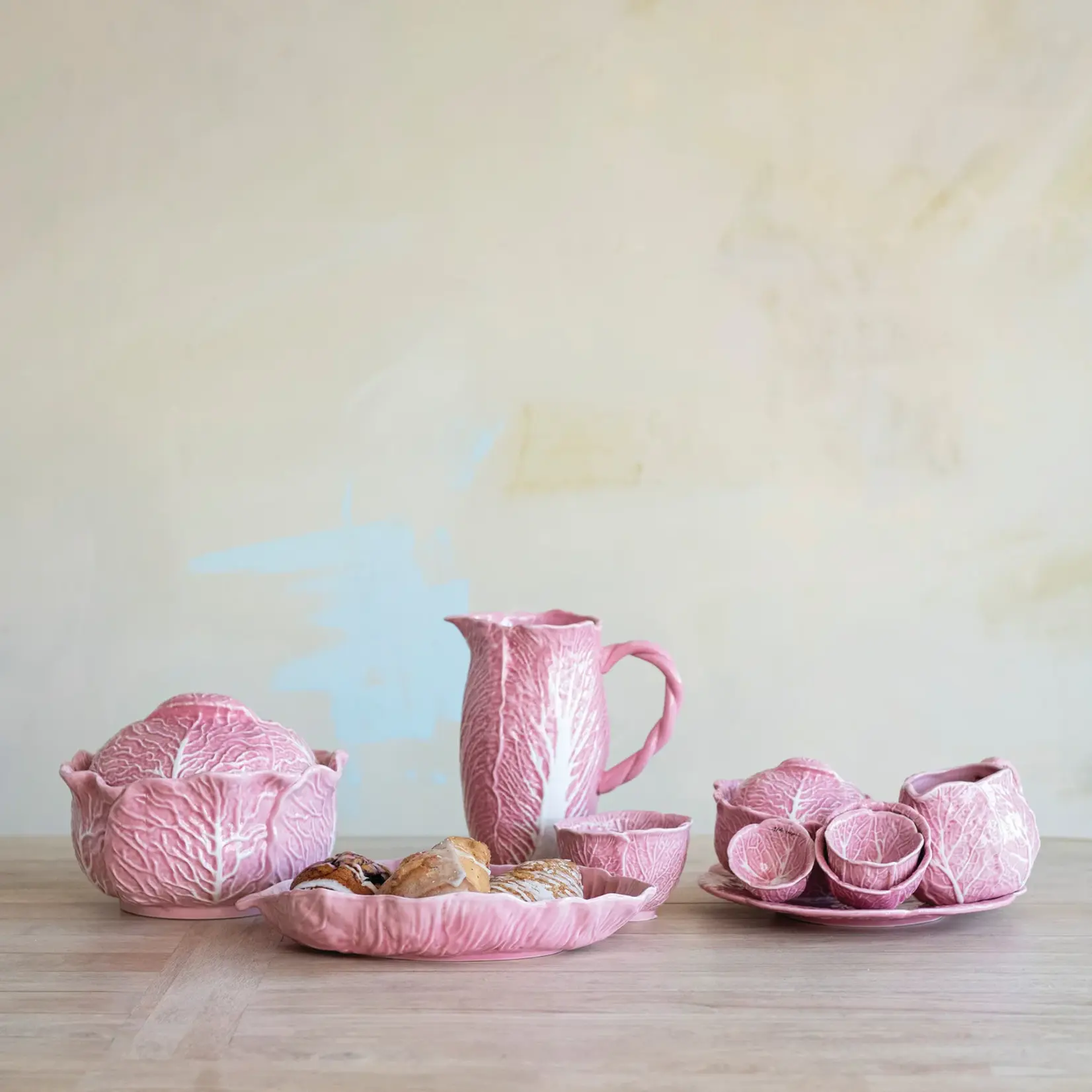 Creative Co-Op Hand Painted Pink Stoneware Cabbage Shaped Baker