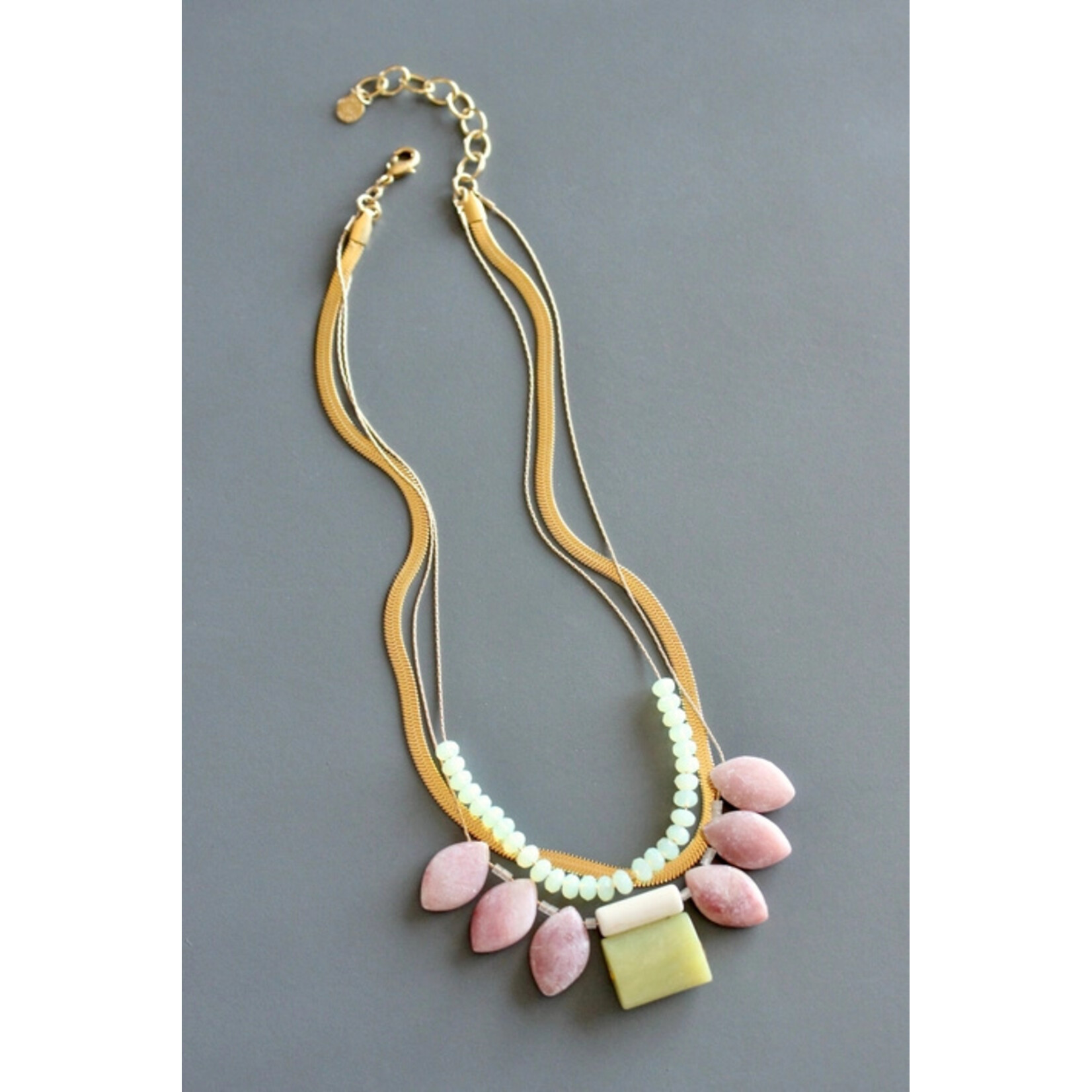 David Aubrey Jewelry Triple Strand Rhodochrositeand Jade with Snake Chain Necklace