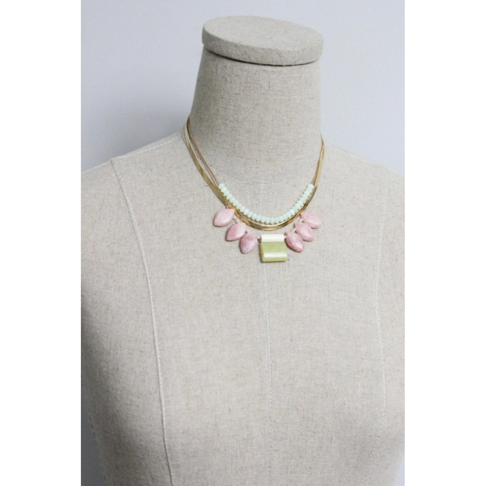 David Aubrey Jewelry Triple Strand Rhodochrositeand Jade with Snake Chain Necklace