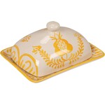 Creative Co-Op Hand-Painted Stoneware Butter Dish w/ Botanical Design - Yellow