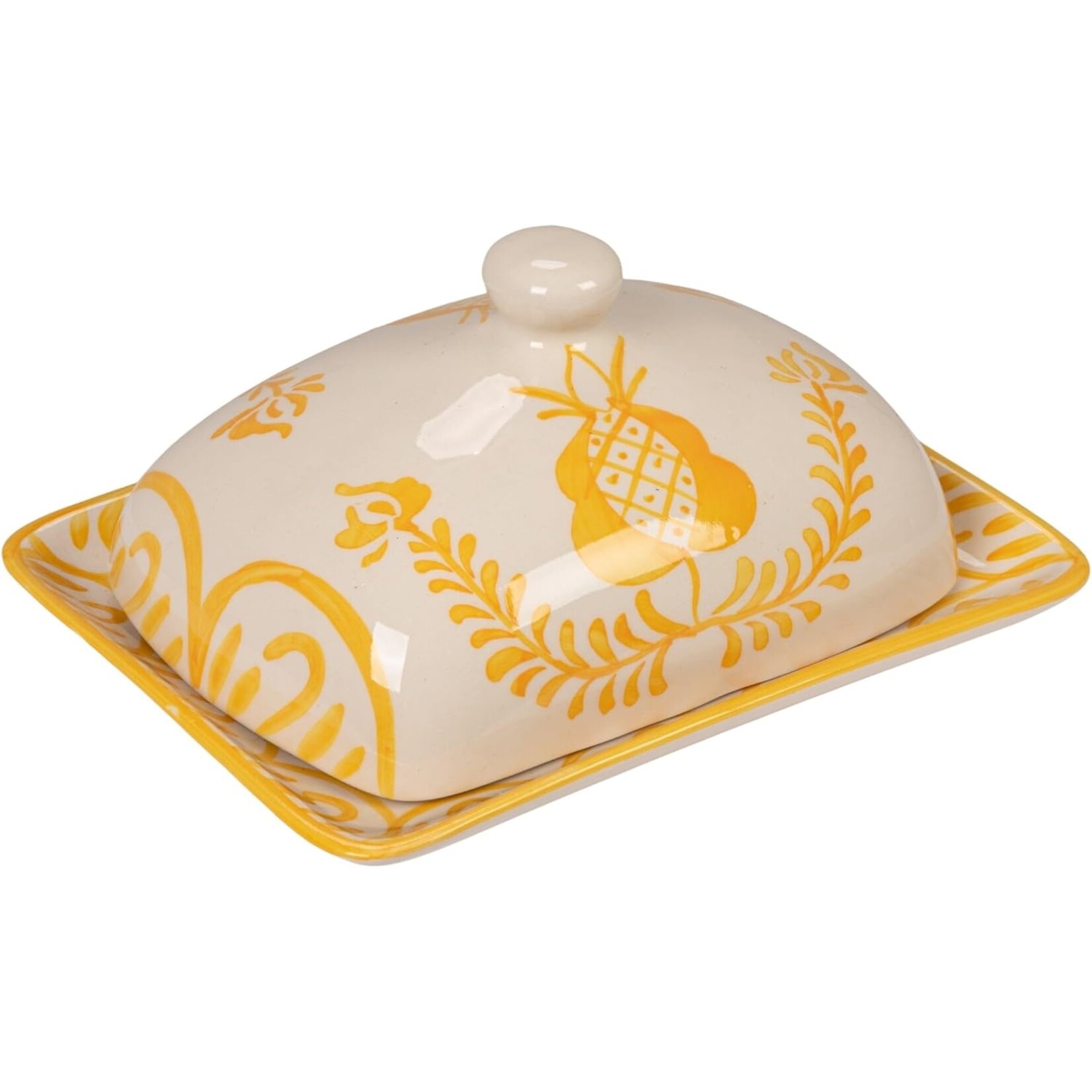 Creative Co-Op Hand-Painted Stoneware Butter Dish w/ Botanical Design - Yellow