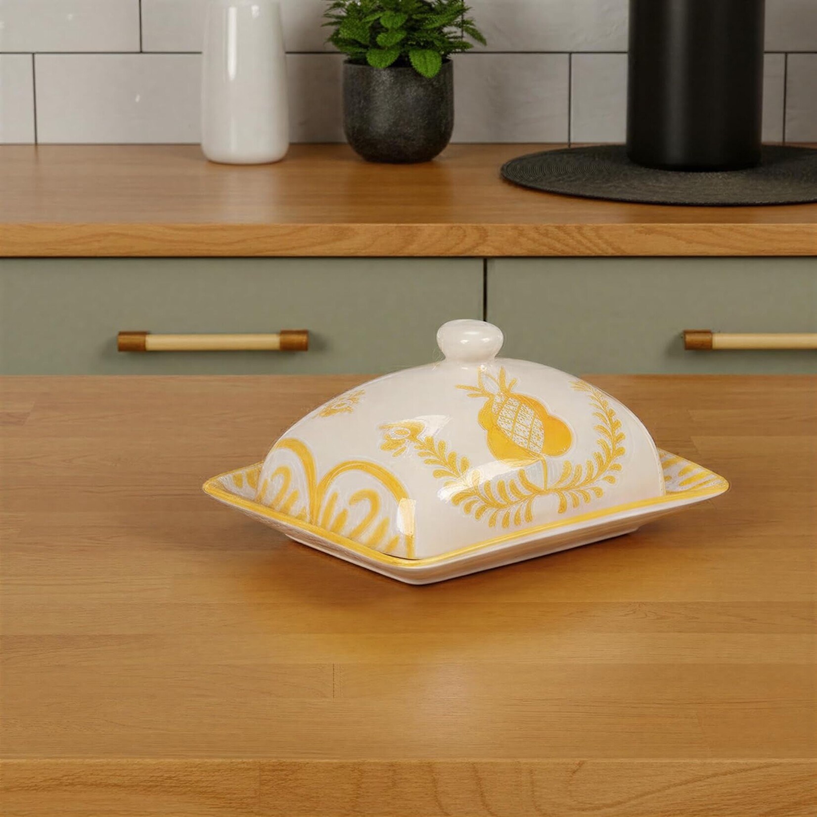 Creative Co-Op Hand-Painted Stoneware Butter Dish w/ Botanical Design - Yellow
