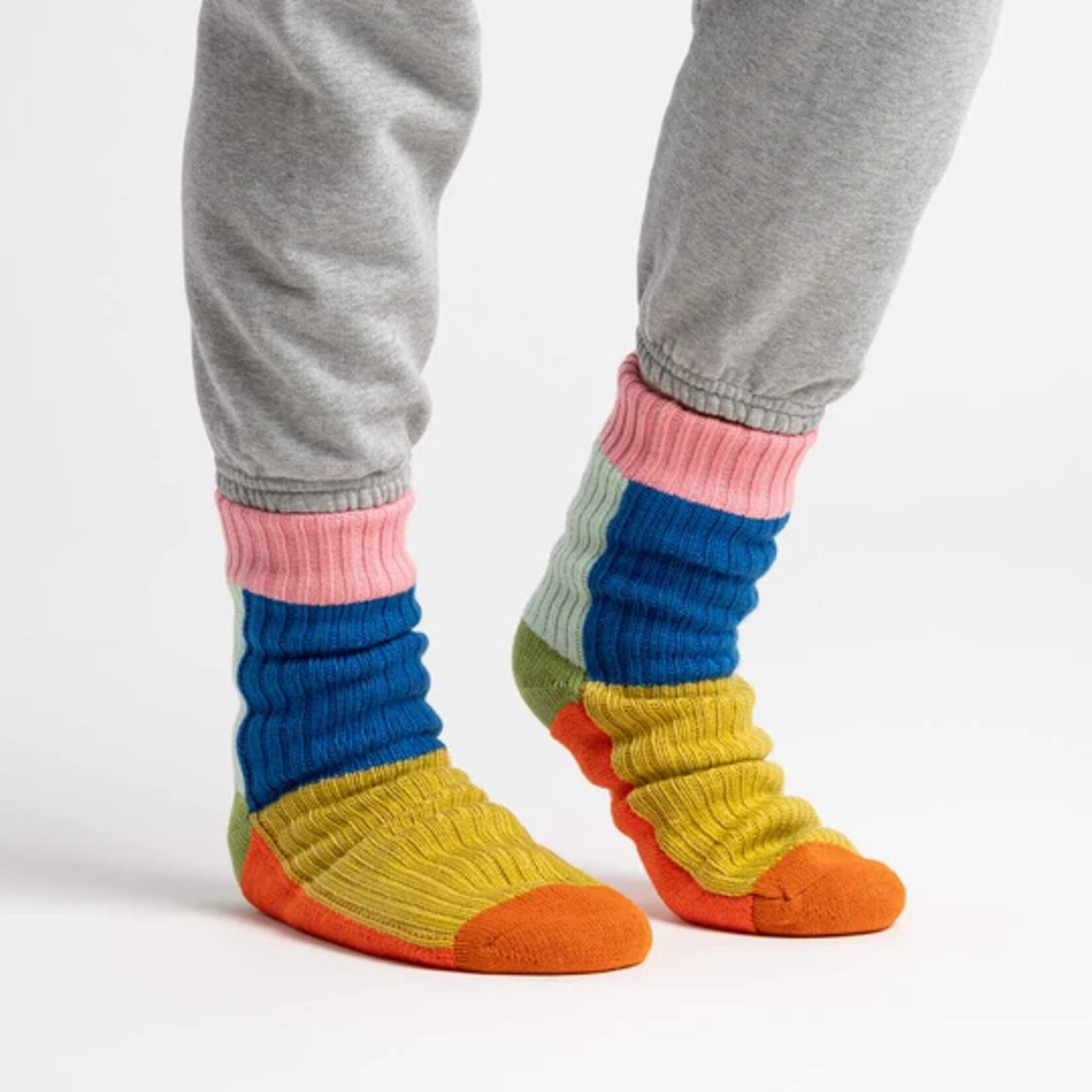 Verloop Kaleidoscope Knit House Socks- Olive Cobalt L/XL