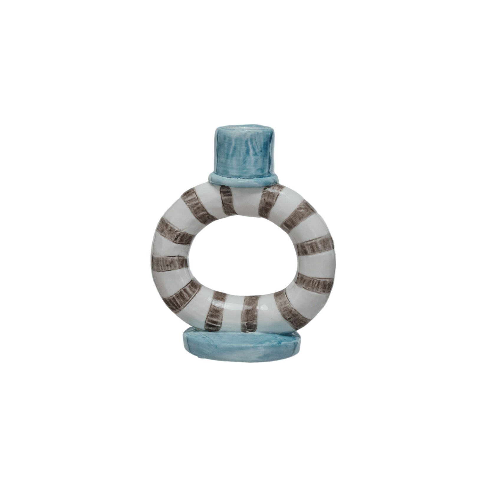 Creative Co-Op Hand-Painted Stoneware Ring Taper Holder w/ Stripes