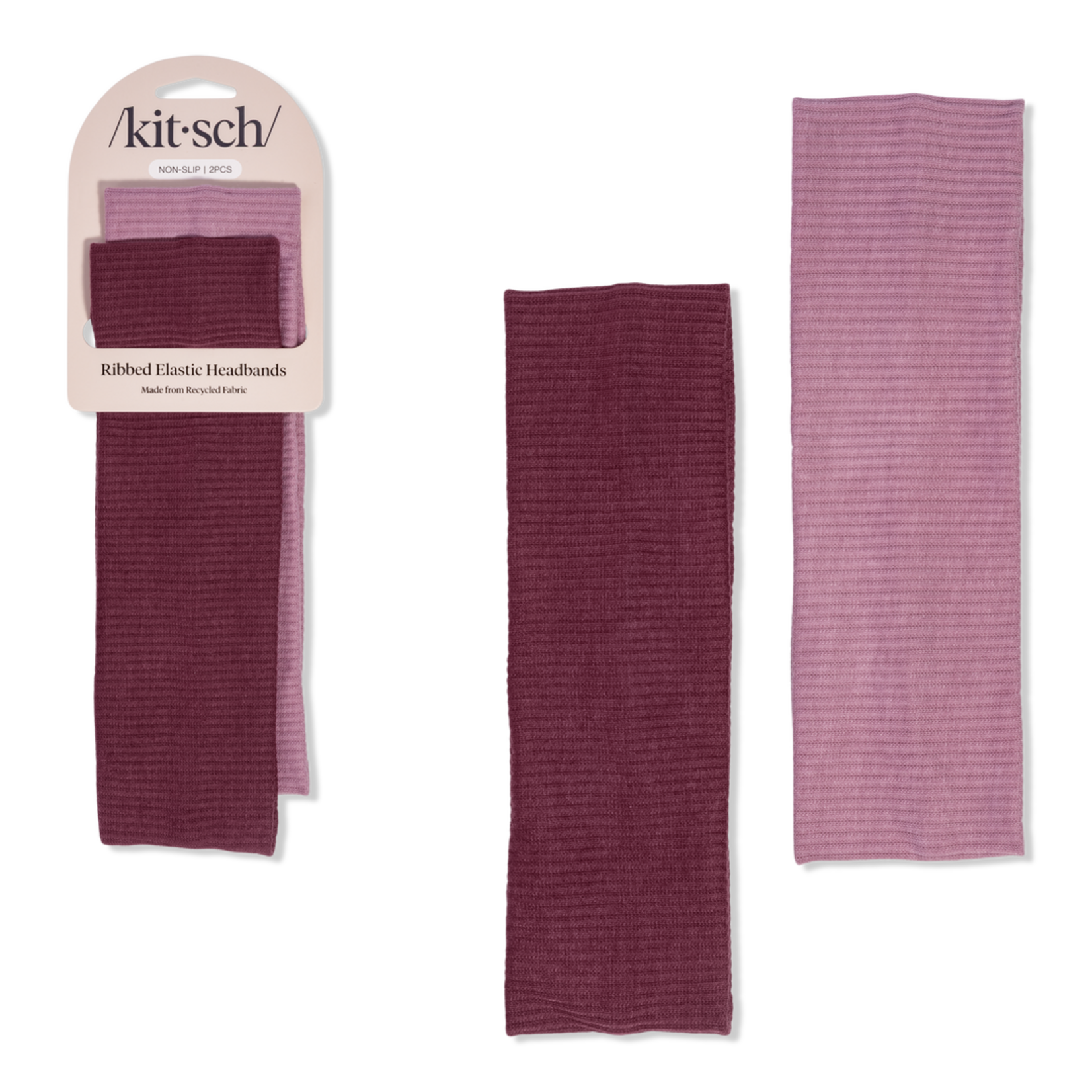 KITSCH Recycled Fabric Ribbed Elastic Headbands Cherry Laquer + Dusty Pink