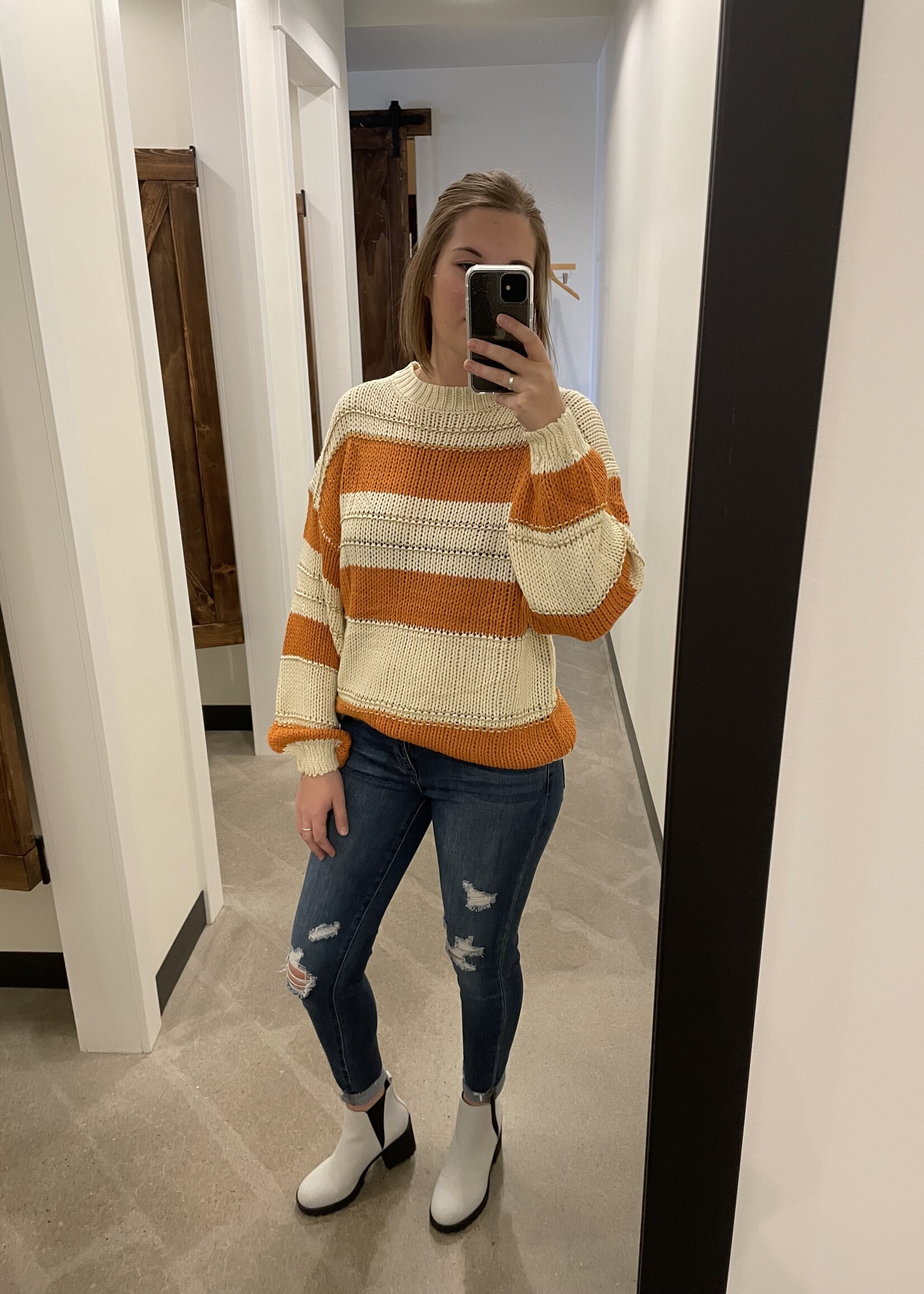 EPretty Orange Color Block Knit Sweater