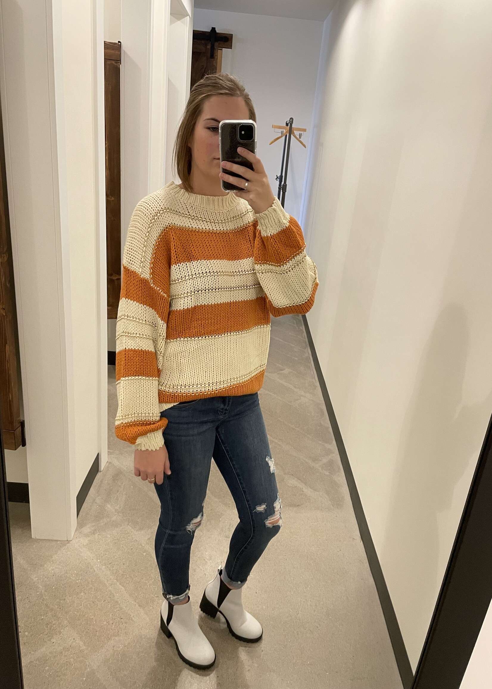 EPretty Orange Color Block Knit Sweater
