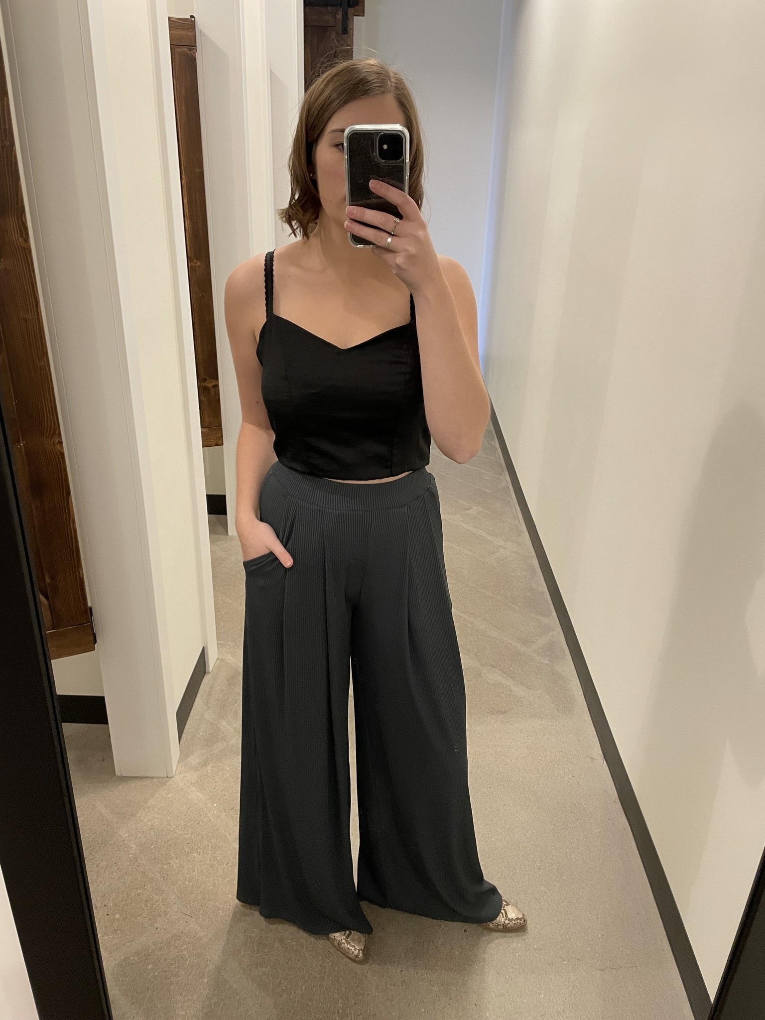 Bestto Wide Leg Ribbed Palazzo Pants Charcoal