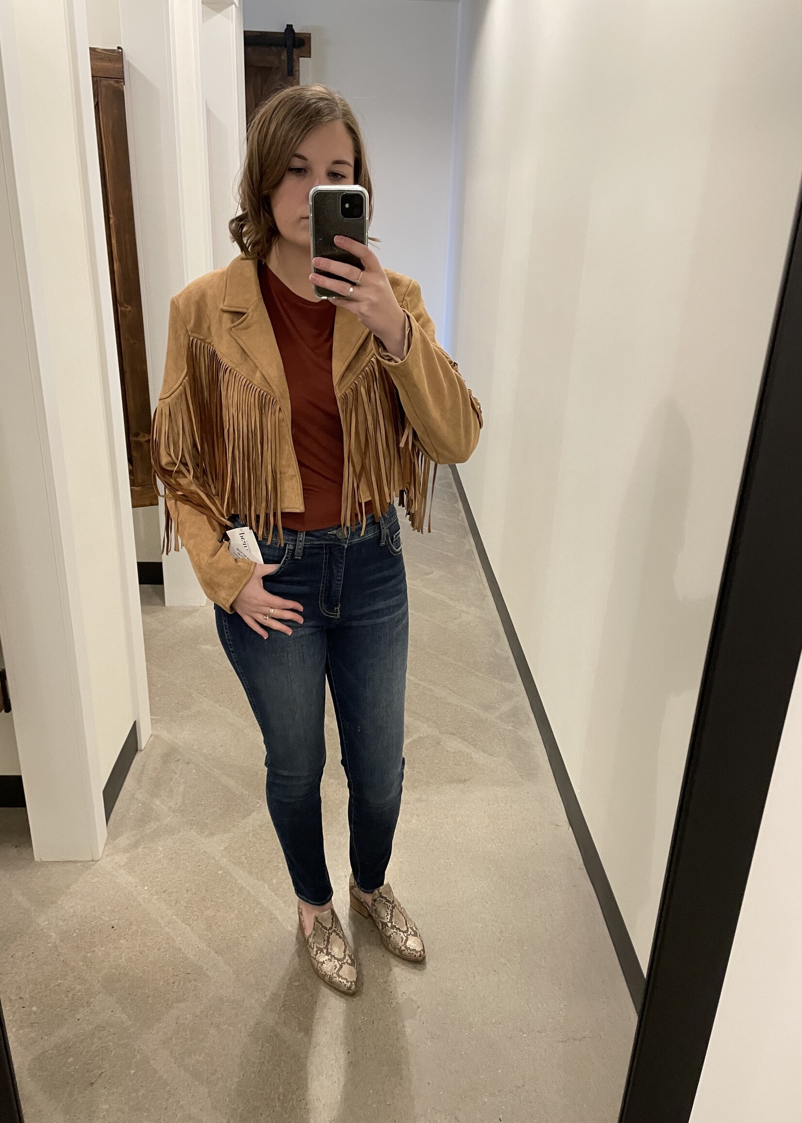 Bestto Fringe Detail Suede Leather Jacket Taupe
