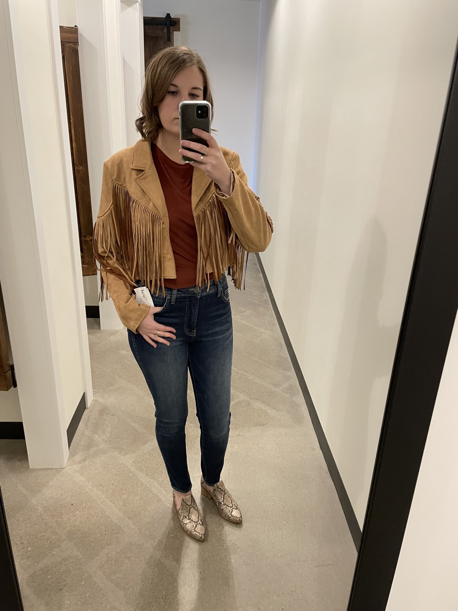 Bestto Fringe Detail Suede Leather Jacket Taupe