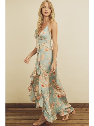 The Sunday Dress Light Blue Multi Floral Print Asymmetrical Ruffled Maxi Dress The Sunday Dress Light Blue Multi Floral Print Asymmetrical Ruffled Maxi Dress