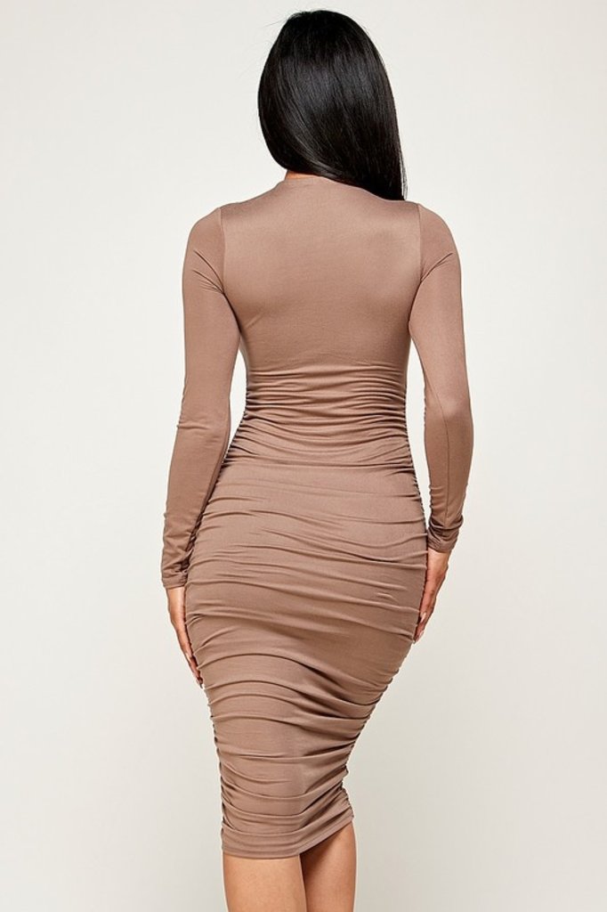 The Sunday Dress Mocha Front Cut Out Long Sleeve Side Ruched Dress
