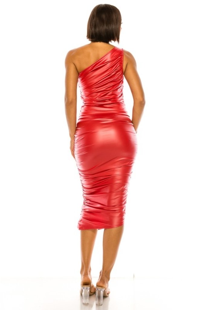 The Sunday Dress Red Faux Leather Dress Ruched - One Shoulder