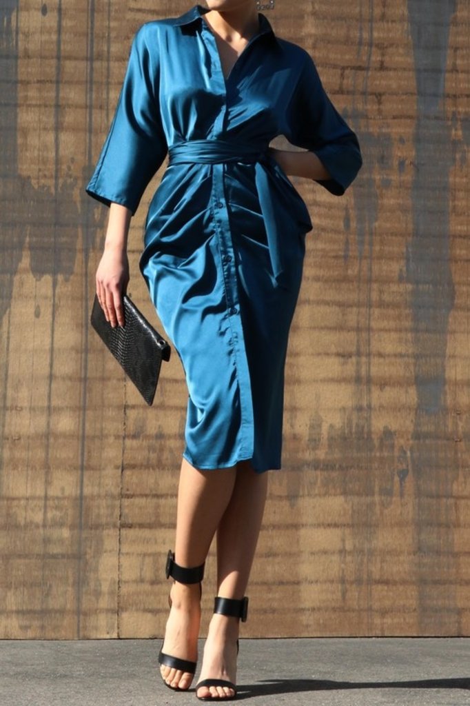 The Sunday Dress Teal Button down Satin Midi Dress With Waist Tie Detail