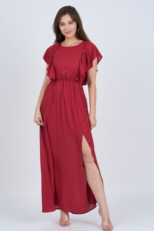 The Sunday Dress Marsala Solid Plunge Back With Ruffles Detail Sides Maxi Dress