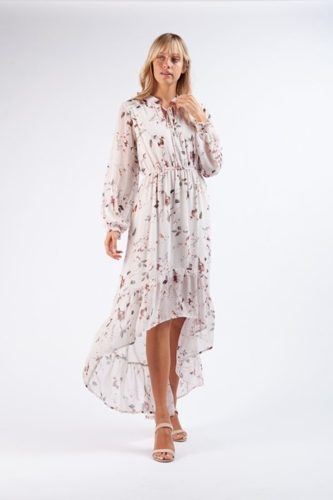 The Sunday Dress White Print Woven L/S Chiffon Hi-Low Maxi Dress