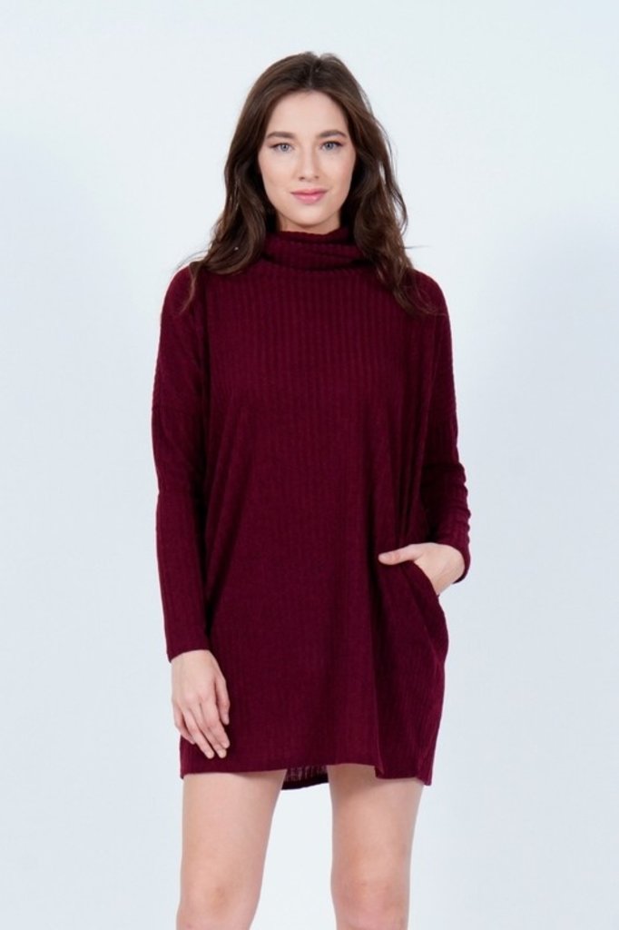 The Sunday Dress Burgundy Rib Knit L/S Turtle Neck Sweater Mini Dress