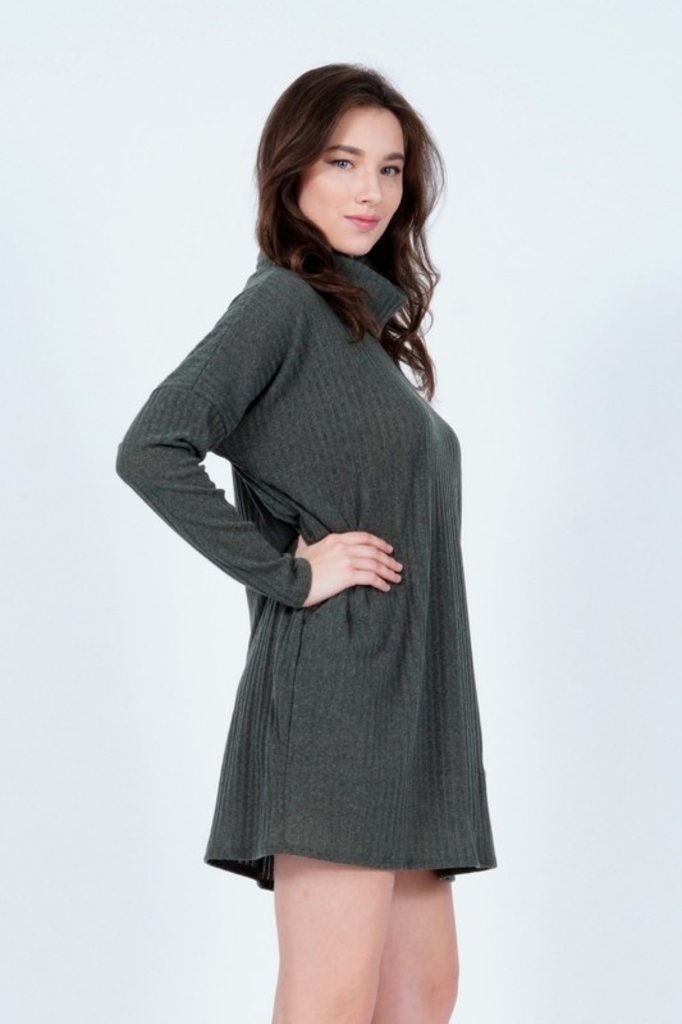 The Sunday Dress Olive Rib Knit L/S Turtle Neck Sweater Mini Dress