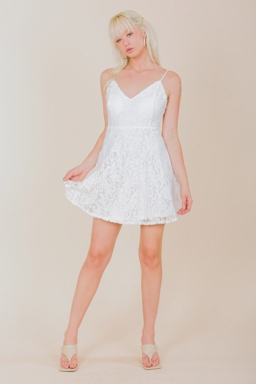 The Sunday Dress White Solid V Neck Sleeves Lace Mini Dress.