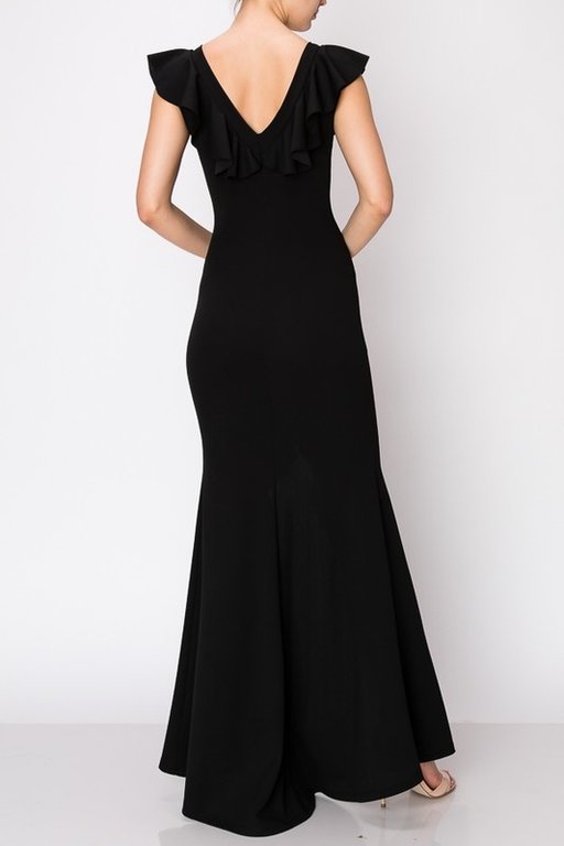 The Sunday Dress Black Crepe Ruffle Front Slit Maxi Dress