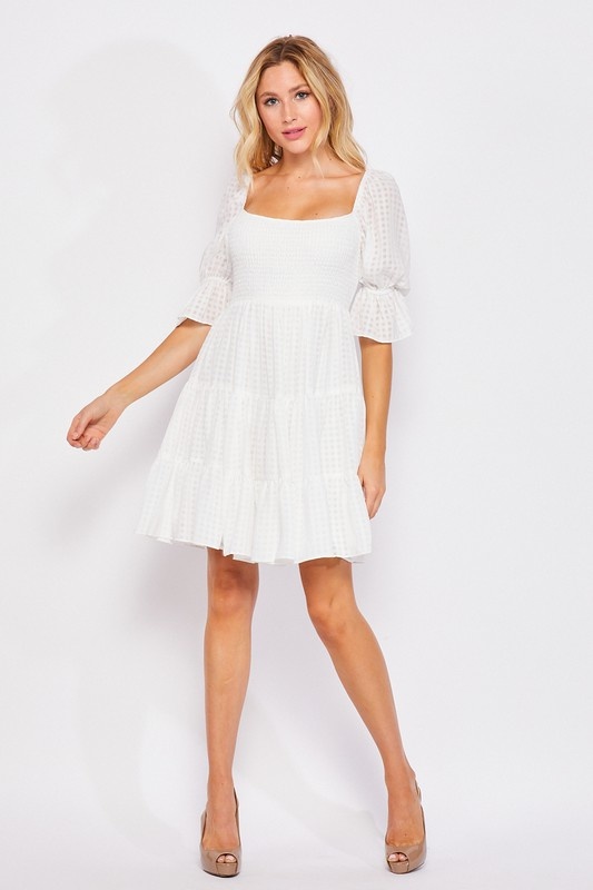Ivory Square Textured Fabric Layered Mini Dress - The Sunday Dress