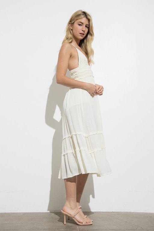 The Sunday Dress Ivory V-neck Midi Dress Elastic Waistline