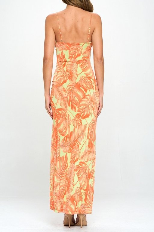 The Sunday Dress Orange Tropical Print Ruched Slit Maxi Dress