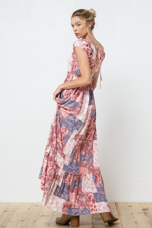 The Sunday Dress Pink/Blue Rayon Ruched Top With Cross Back Straps Maxi Dress