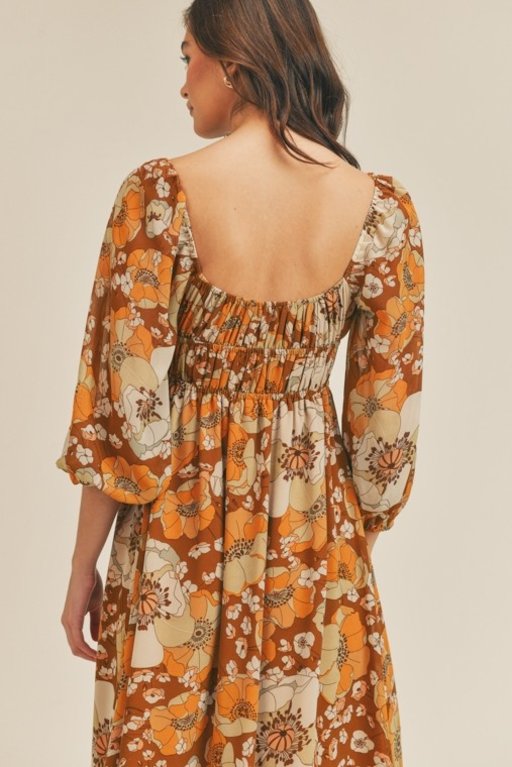 The Sunday Dress Floral Print 3/4 Sleeve Elastic Cuff Midi Dress