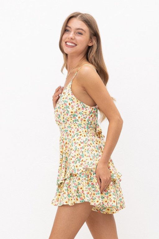 The Sunday Dress Yellow Floral Print Tiered Layer Romper