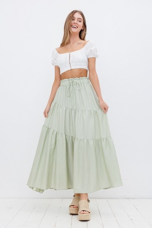 The Sunday Dress Sage Diagonal Shirring Maxi Skirt