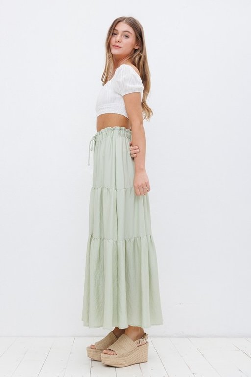 The Sunday Dress Sage Diagonal Shirring Maxi Skirt