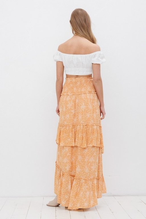 The Sunday Dress Pink Floral Smocked High Waist Tiered Maxi Skirt.